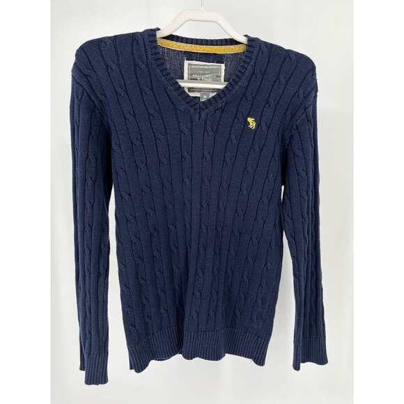 Abercrombie & Fitch V Neck Cable Knit Sweater Navy Blue Size Medium - Picture 1 of 11